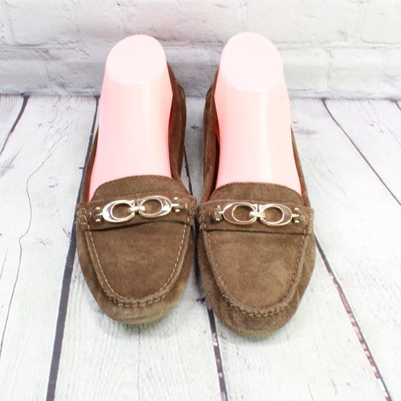 Coach Fortunata Brown Suede Logo Moc Toe Loafers Driving Shoes Size 8.5 - Picture 5 of 9